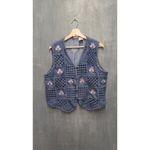Vintage Bobbie Brooks Basket Weave Floral Embroidered Denim Vest Size Large